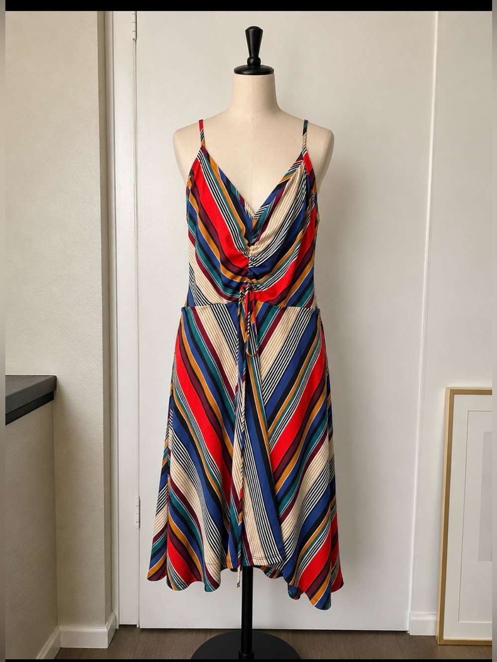 VENUS Multi-Stripe V-Neck Midi Dress in Black, Blue, Green, Red, Gold